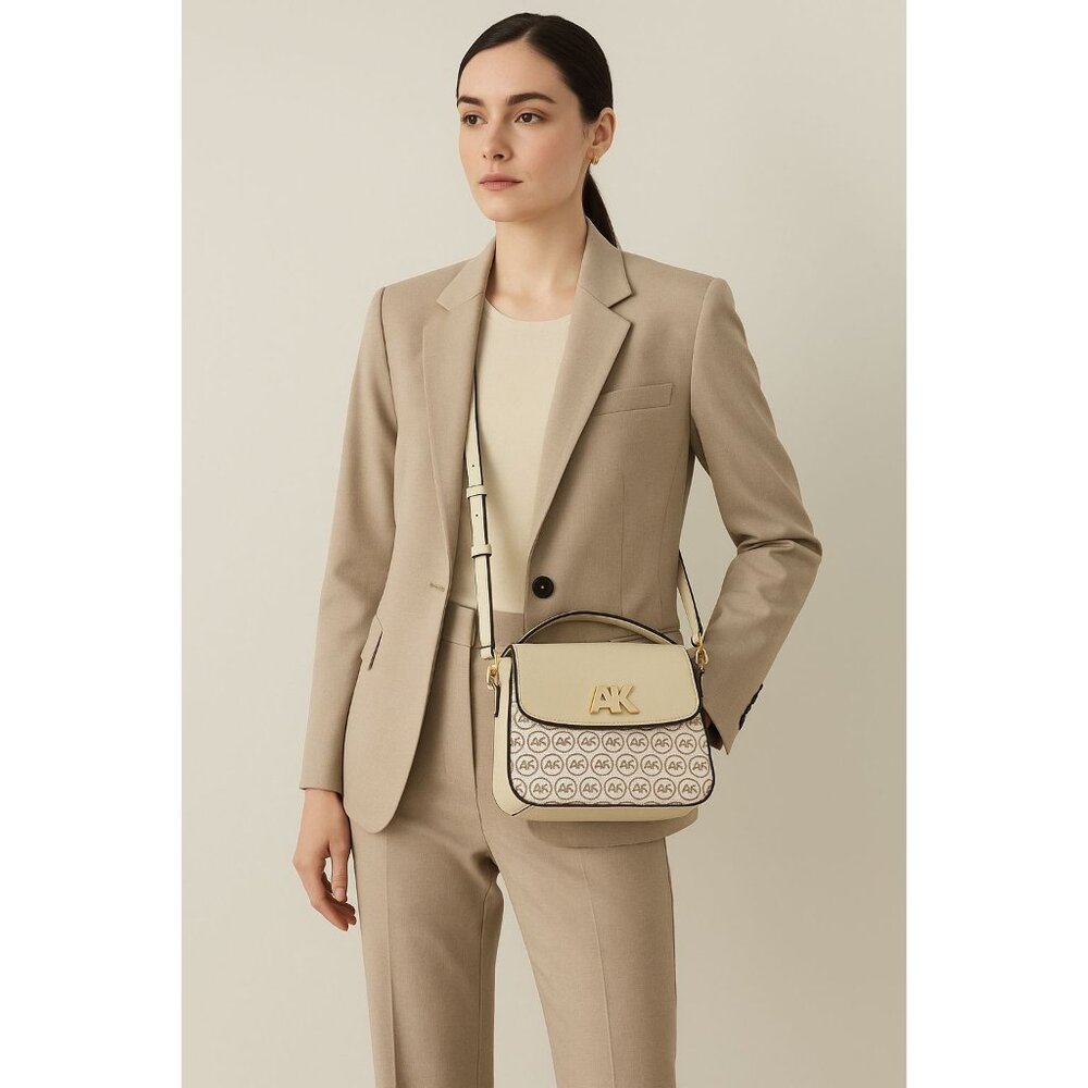 Anne Klein 7" X  8" X  3.5" Crossbody Bag With AK Logo Adjustable Strap Beige/Br